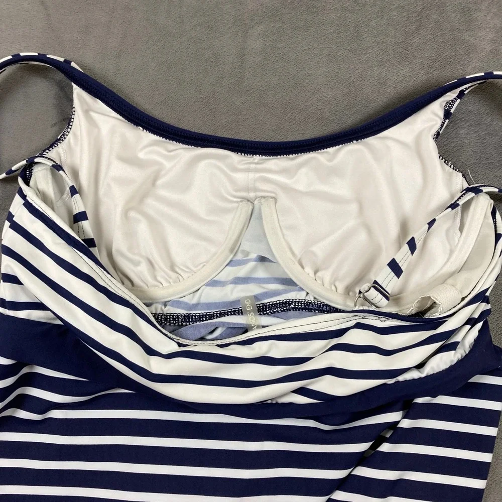 Lands End Navy Blue White Striped Swim Dress Underwire 10P Nautical Swimwear